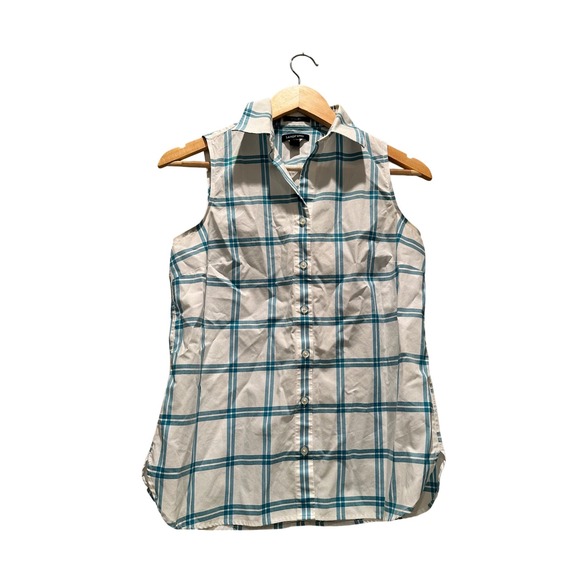 Lands' End Tops - Lands‎ End Sleeveless Supima Cotton Plaid Button Front Shirt Size 4 Turquoise